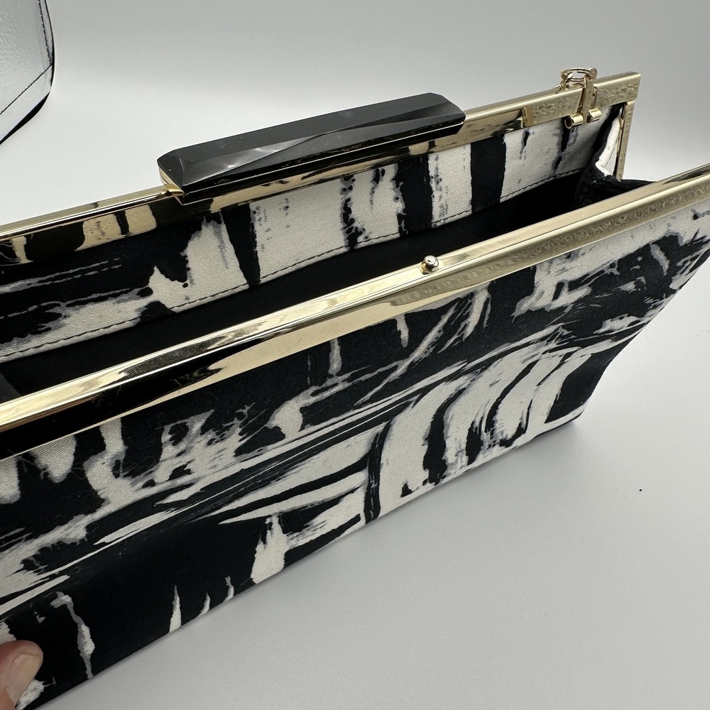 Black White Abstract Print Clutch Bag Gold Chain Evening Purse Formal - Picture 5 of 8